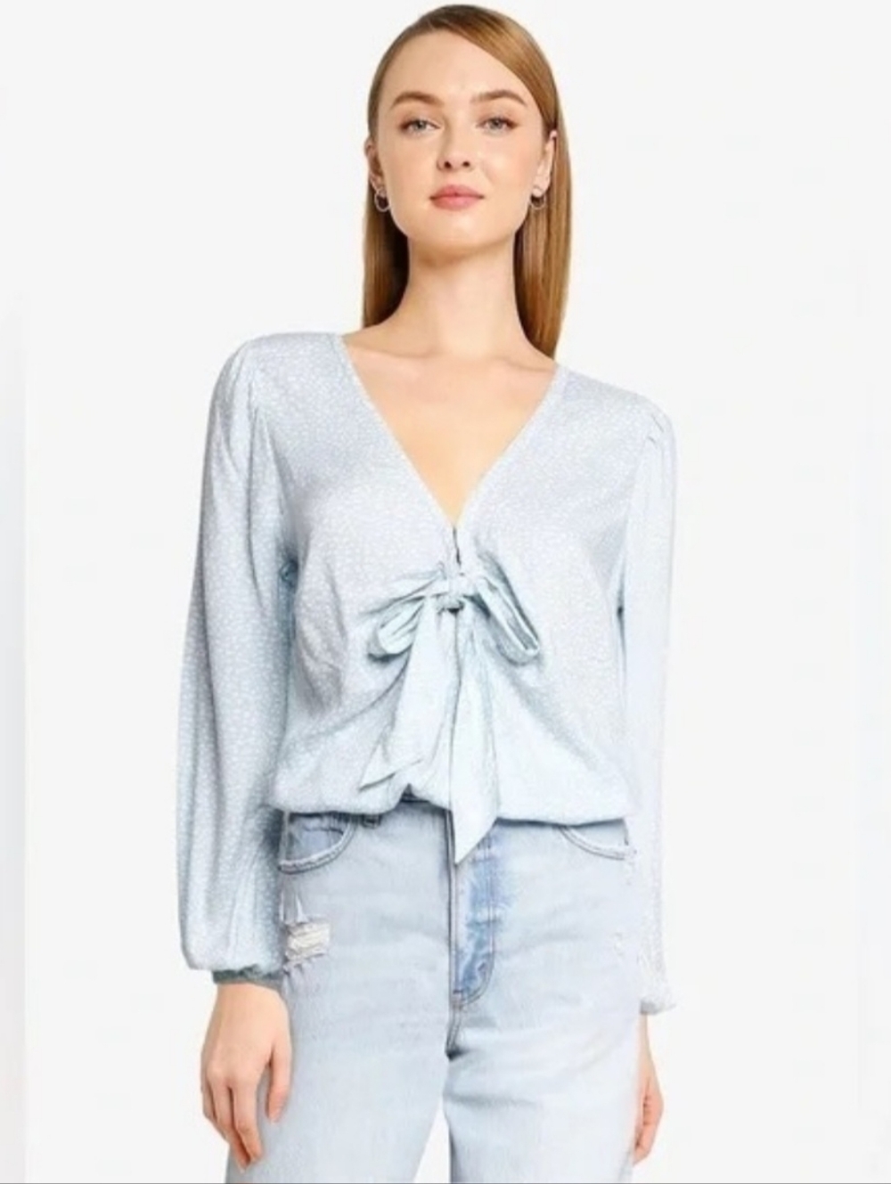 Abercrombie & Fitch Light Blue Polka Dot Tie-Front Long-Sleeve Bodysuit